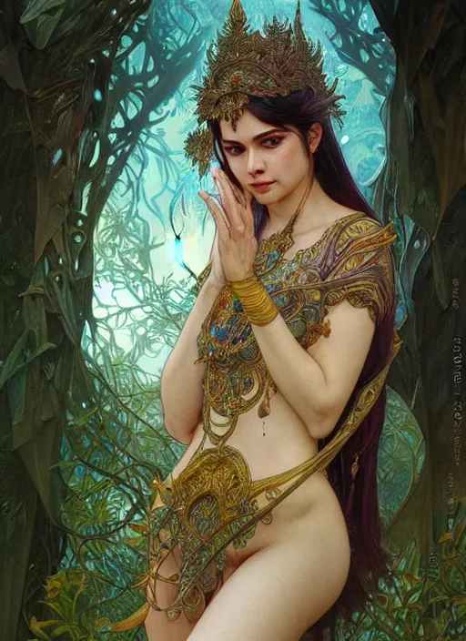 Image similar to kuntilanak on tree, d & d, wet, shiny, fantasy, intricate, elegant, higly detailed, dramatically art, ultra definition, digital painting, artstation, concept art, smooth, sharp focus, illustration, art by artgerm and greg rutkowski and alphonse mucha and garis edelweiss and kharisma jati