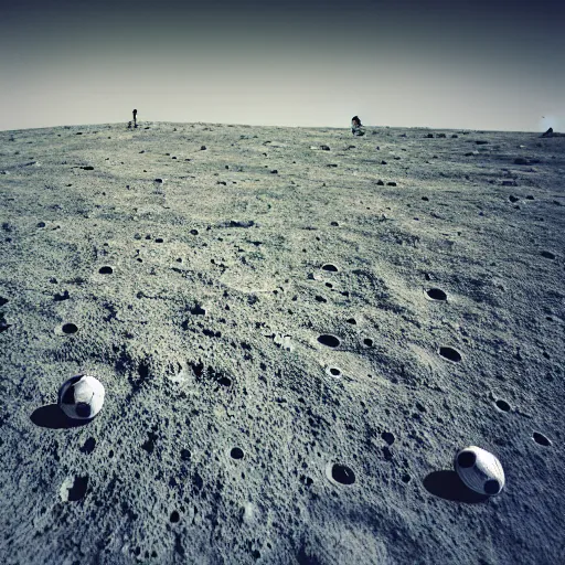 Prompt: a photography of a green soccer pitch on the moon, extreme long shot, realistic