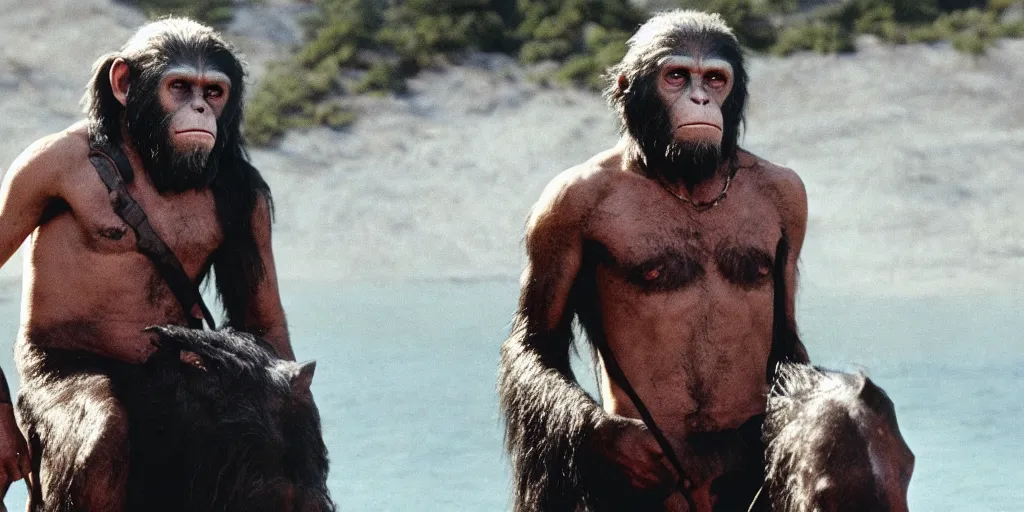 Prompt: film still of Tommy Chong in Planet of the Apes