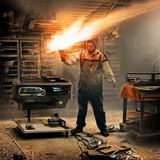 Image similar to cyborg toaster oven repairman, dark messy smoke - filled cluttered workshop, dark, dramatic lighting, orange tint, sparks, plasma rays, cinematic, highly detailed, sci - fi, futuristic, movie still, rule of thirds composition