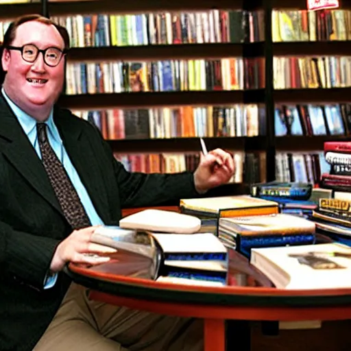 Prompt: 2 0 0 3 john lasseter wearing a black suit and necktie sitting with his legs crossed in a bookstore at a round table. there are books being displayed on the table