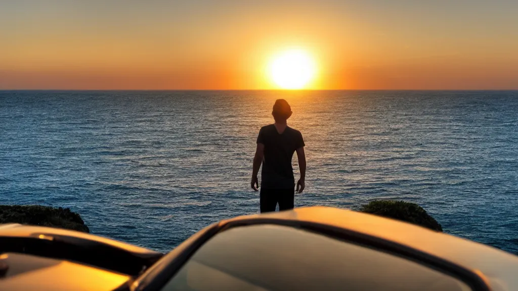 Image similar to a movie still of a man standing on the roof of a car driving through the ocean at sunset, golden hour