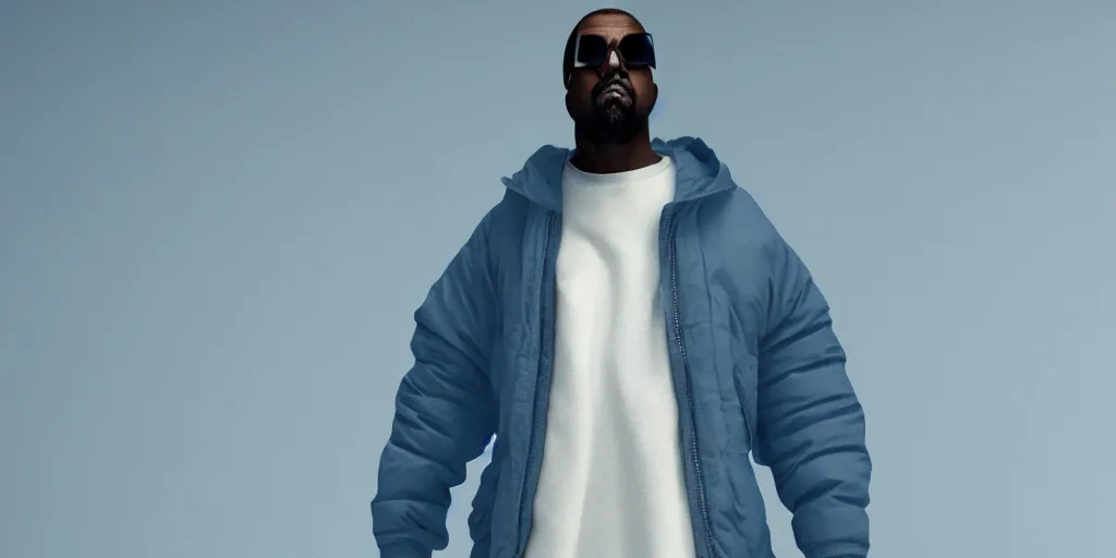 Image similar to kanye west wearing a cloth face covering mask, a small reflective blue puffer jacket made of nylon, jeans pants made and big black rubber boots in 3 d, blender, octane render, 3 d render, realistic, unreal engine, studio light, 4 k, 8 k