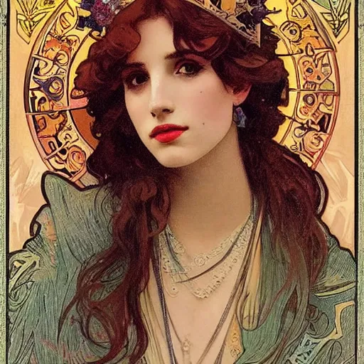 Prompt: emma roberts portrait by louis - theophile hingre and alphonse mucha, realistic, sharp focus, zodiac signs, tarot cards, planets, ethereal, art nouveau, magic, moon, sun, crown, dreamy, royal, jewellery