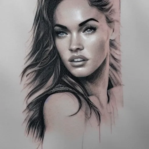 Prompt: tattoo design sketch with double exposure effect of megan fox face and beautiful mountain scenery, in the style of matteo pasqualin, amazing detail