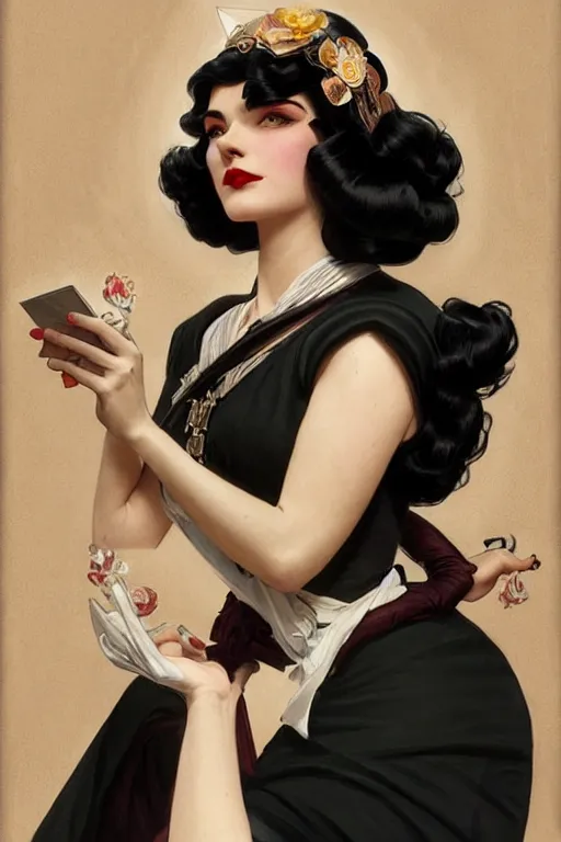 Image similar to a woman with black hair, dressed in 1940's fashion, D&D, fantasy, intricate, elegant, highly detailed, digital painting, artstation, concept art, matte, sharp focus, illustration, art by Artgerm and Greg Rutkowski and Alphonse Mucha