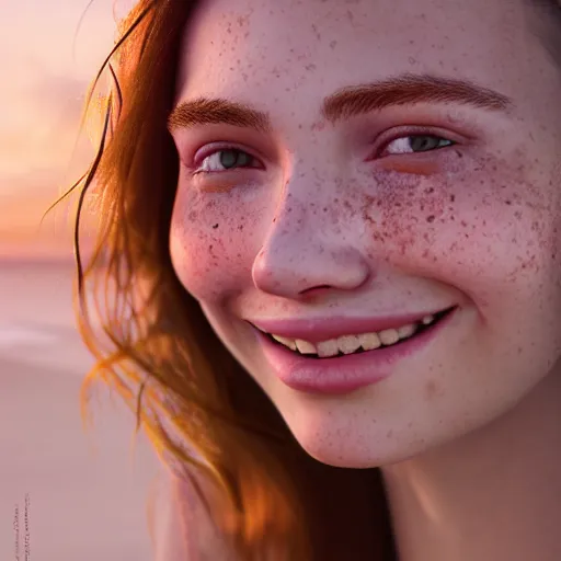 Image similar to beautiful serene intricate portrait of a cute thin young woman, red blush, cute freckles, smug smile, modern clothes, relaxing on the beach, golden hour, close up shot, soft focus, 8 k, art by irakli nadar, hyperrealism, hyperdetailed, ultra realistic