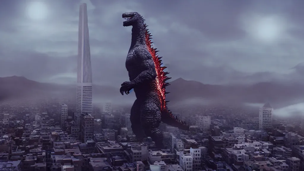 Image similar to Godzilla sized bodybuilder Obama looms over a foggy San Francisco ; render by Beeple, 4K; unreal, epic scene; ominous; bizarre world; odd world; ultra fine details; ultra-realistic depth shading