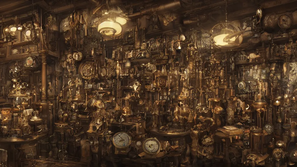 Image similar to A steampunk store, by tian gan, ultra detailed displays of weapons and clockwork machinations densely packed on shelves, volumetric lighting, 8k, unreal engine, trending on artstation