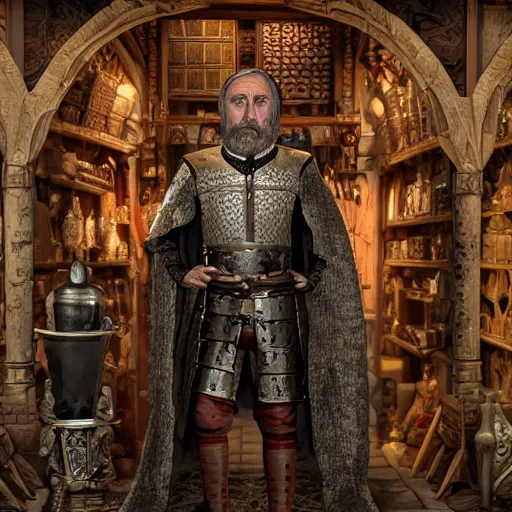 Prompt: full body portrait photo of Dennis hopper as a devious medieval lord in a giant medieval Shop, trending on artstation, style of midjourney, unreal engine, octane render, intricate details, 8k high definition, beauriful, ornate, hypermaximalistic