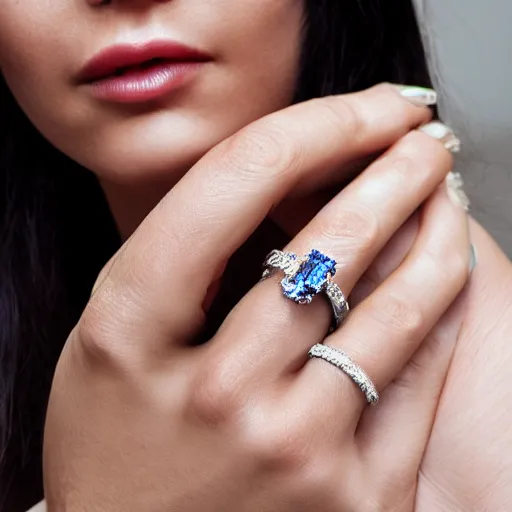 Image similar to wife wearing a ring with stunning 7 6 0 carat diamond adorned with blue sapphires