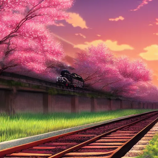 Prompt: a photo realistic anime scene of a train running through a sakura forest on a beautiful sunset. By Makoto shinkai and studio ghibli.