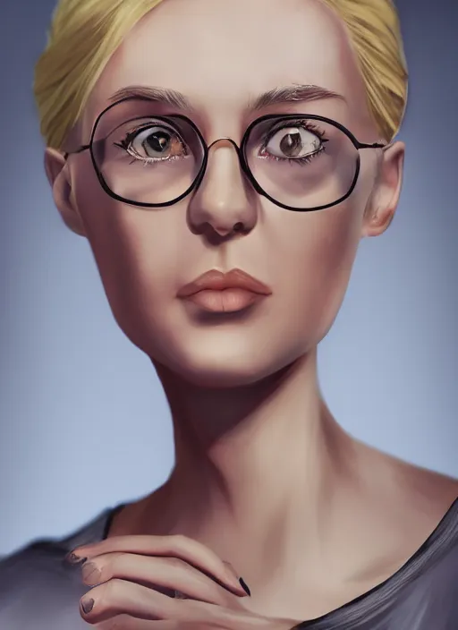 Image similar to a severe french woman with blonde hair tied in a strict bun, spectacles, lots of makeup, rich, character portrait, digital art, high quality, 8 k, detailed, d & d character,