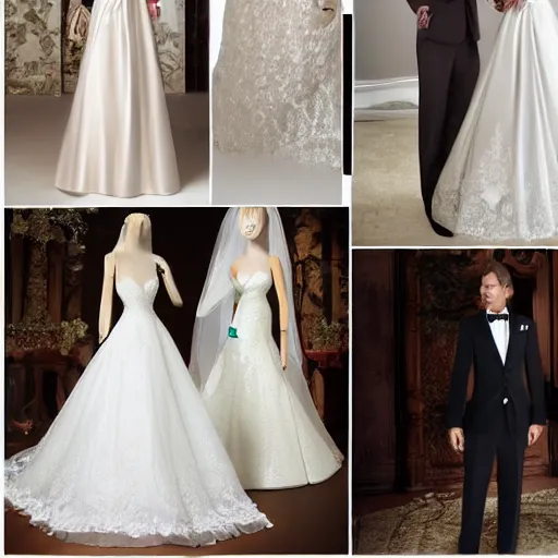 Image similar to a pauper collé of wedding dresses and tuxedos
