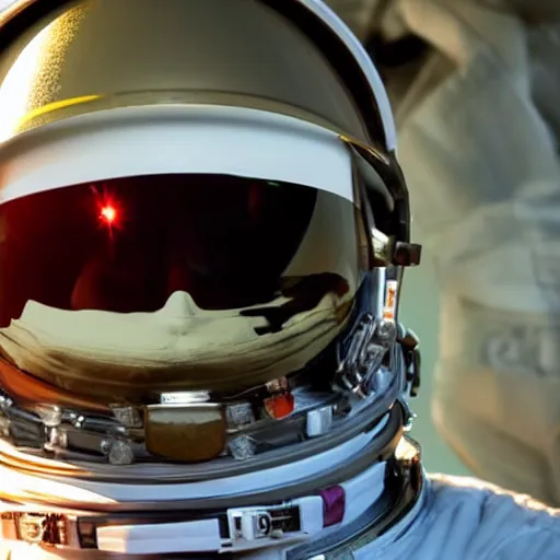 Image similar to a close up photo of an astronaut floating in space. his helmet visor is dark and reflective. you can see the reflection of the viewer in his helmet visor.