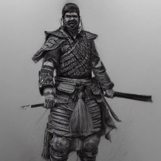 Prompt: Kurdish samurai, detailed charcoal sketch, realistic, incredibly detailed, award winning art, cinematic, extremely high detail, concept art, 4k fantasy art, trending on artstation, full body shot