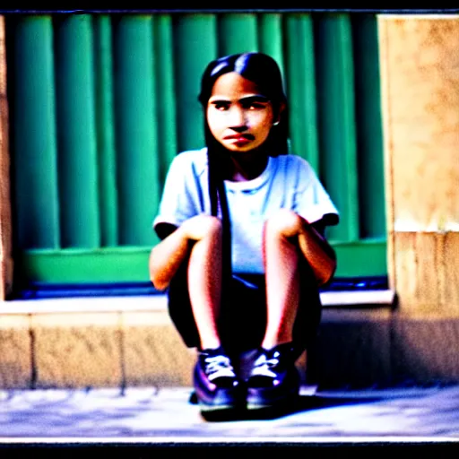 Image similar to a potrait of young girl sitting down infront of her big school, photorealistic, kodak 4 0 0, award winning photography