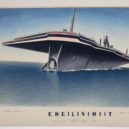 Prompt: color lithograph of uss enterprise by adolphe millot