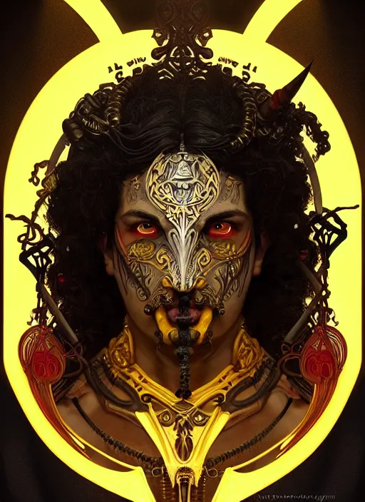 Image similar to portrait of greek god ares, black curly hair, glowing eyes, volumetric lights, face tattoo, yellow red scheme, art nouveau botanicals, gothic, intricate, highly detailed, digital painting, artstation, concept art, smooth, sharp focus, symmetric face, illustration, steampunk, art by artgerm and greg rutkowski and alphonse mucha