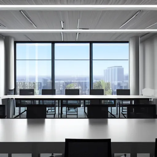 Image similar to brutalist corporate conference room interior design concept big windows minimalist furnitrue by martyn lawrence bullard design high quality ultra realistic 8 k