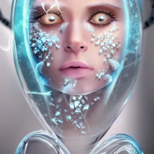 Prompt: female with pale eye lashes and brows inside glass sarcophagus, frost roses on glass, complex hyperdetailed technical suit. white hair flowing, cryo sleep, pale blue tint, sci - fi, futuristic, ultra realistic, wide angle.