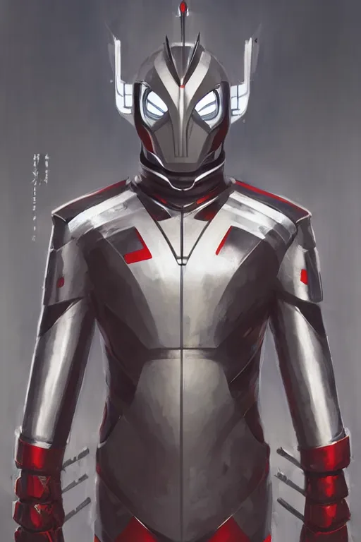 Image similar to portrait of a ultraman with japanese armor and helmet,, symmetrical, art by greg rutkowski, matte painting, trending on artstation