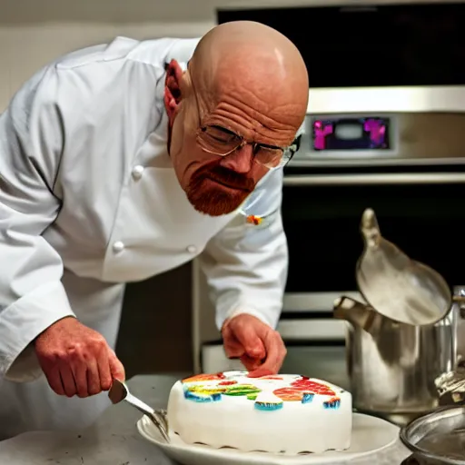 Prompt: walter white cooking a cake with chef hat