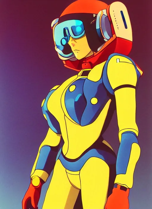 Image similar to Portrait of a female mech pilot in a latex bodysuit, 90s anime, cel-shaded, highly detailed, dramatic background, complementary lighting, poster