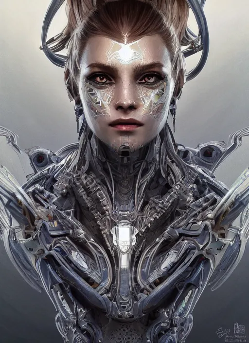 Image similar to symmetry!! portrait of silver alien in the style of horizon zero dawn, machine face, intricate, elegant, highly detailed, digital painting, artstation, concept art, smooth, sharp focus, illustration, art by artgerm and greg rutkowski and alphonse mucha, 8 k
