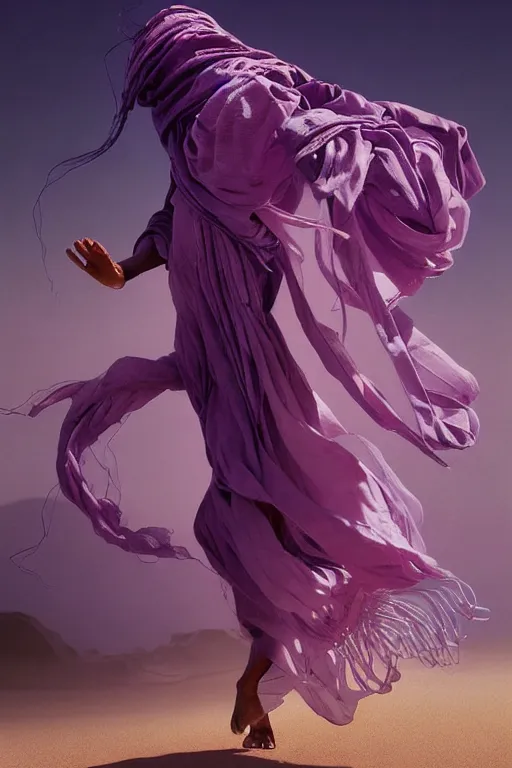 Prompt: full lenght flowing twisted clothes like tornado a old tuareg woman, many fabric, stones near foot, wind, stands on sand, full body shot, dark background, pastel purple colour scheme, giant gladiola betta fish!! jellyfish phoenix, highly detailed. by caravaggio, greg rutkowski, beeple