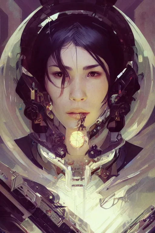 Image similar to A full portrait of a powerful beautiful futuristic dystopian junktown Japanese techromancer sorcerer enchanter, intricate, elegant, highly detailed, digital painting, artstation, concept art, smooth, sharp focus, illustration, art by Krenz Cushart and Artem Demura and alphonse mucha