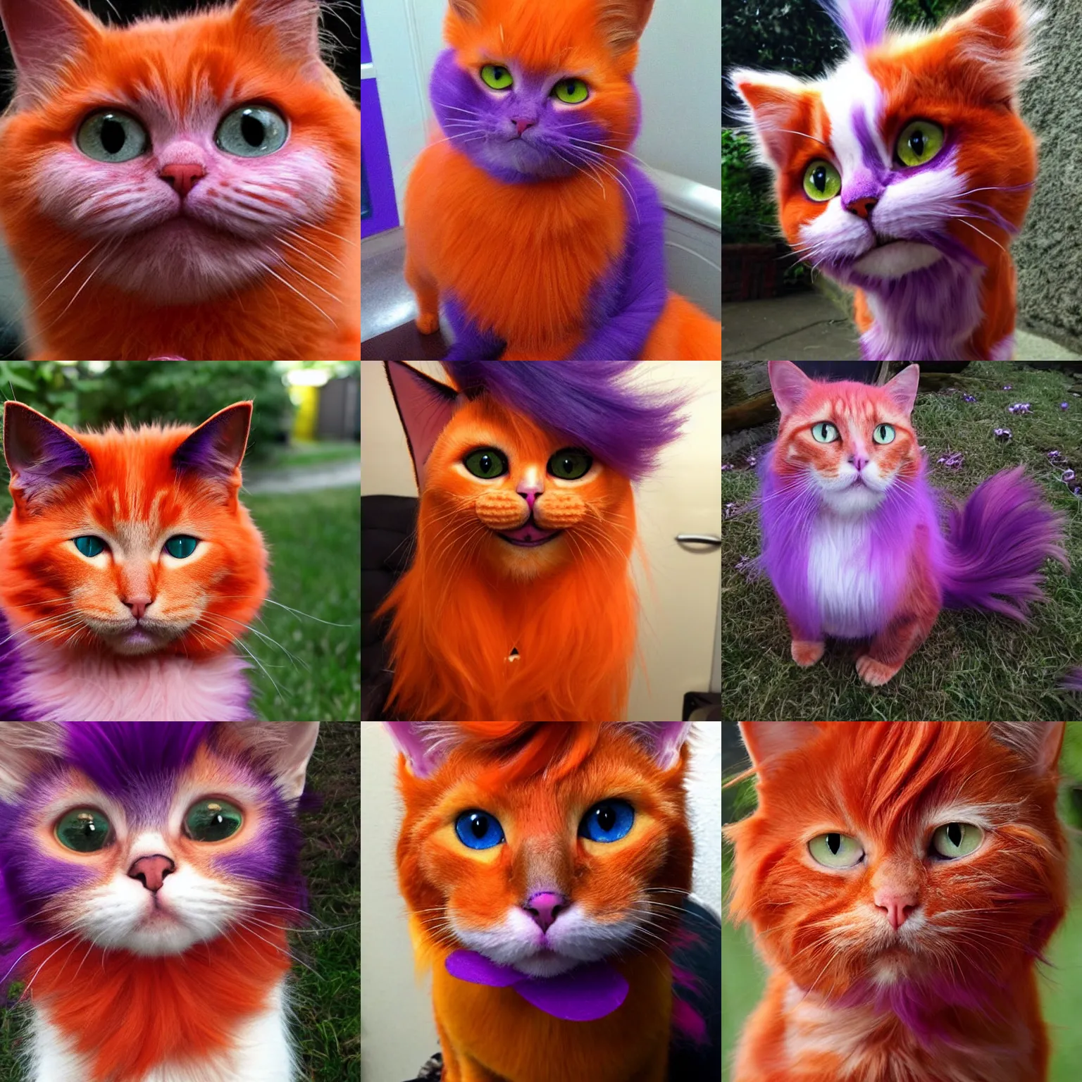 Prompt: orange cat, with his hair died purple to look like the cheshire cat, photo