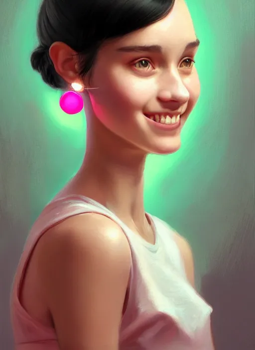 Image similar to portrait of teenage girl, realistic, black hair, bangs, half updo hairstyle, pointy nose, skinny, smile, ugly, defined jawline, big chin, pink hair bow, earrings, intricate, elegant, glowing lights, highly detailed, digital painting, artstation, sharp focus, illustration, art by wlop, mars ravelo and greg rutkowski