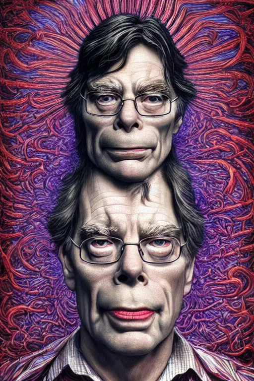 Image similar to highly detailed portrait of stephen king by alex grey, patrick woodroffe, mark ryden created by gustave dore and greg rutkowski, high detailed, smooth draw, synthwave neon retro, intricate, realistic proportions, dramatic lighting, trending on artstation