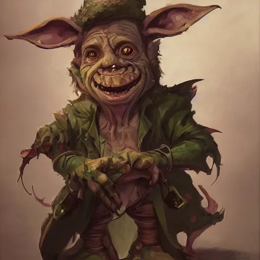 Image similar to a cute goblin with a hooked nose, scheming, tattered ears, well dressed, dnd character art portrait, matte fantasy painting, deviantart artstation, by jason felix by steve argyle by tyler jacobson by peter mohrbacher by paul hedley, cinema