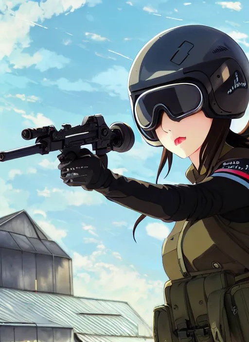 Prompt: a speedqb player girl, hangar roof background, paintball arena landscape, illustration, concept art, anime key visual, trending pixiv fanbox, by wlop and greg rutkowski and makoto shinkai and studio ghibli and kyoto animation, symmetrical facial features, paintball goggles mask, colorful airsoft gun, hockey clothing, military carrier rig, realistic anatom