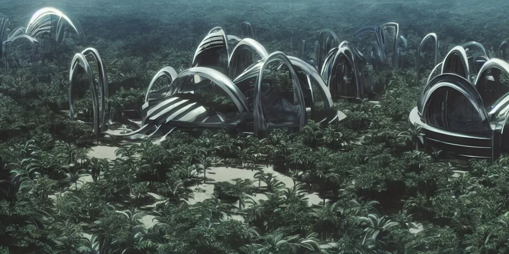 Prompt: a twirly futuristic architecture made of chrome right in the middle of a huge crater in a tropical forest, ralph maquarrie and syd mead cinematic matte painting, 4 k