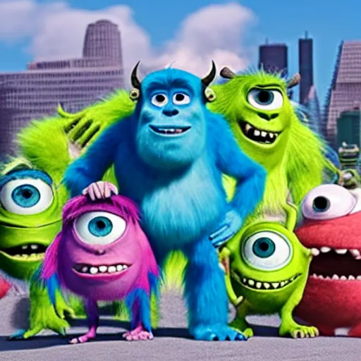 Image similar to monsters Inc sully standing next to a group of sully clones