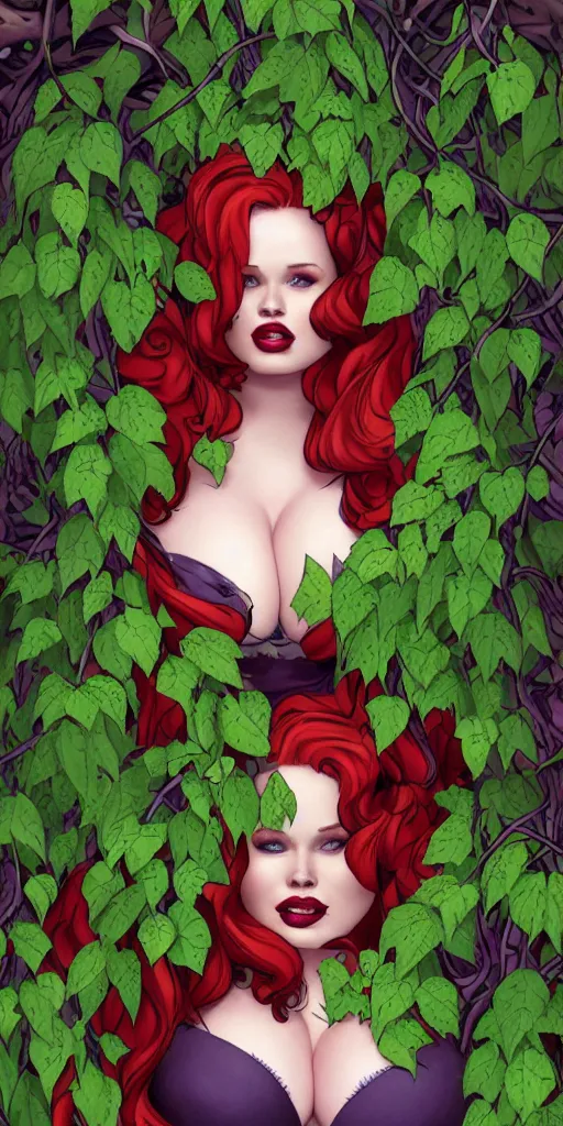 Image similar to beautiful obese 400-pound Madelaine Petsch poison ivy DC comics, evil smile, realistic character concept, fun pose, comic book, illustration, symmetrical face and body, surrounded by vines and plants, artstation, cinematic lighting, hyperdetailed, high resolution, Charlie Bowater, Tom Bagshaw, single face, insanely detailed and intricate, beautiful
