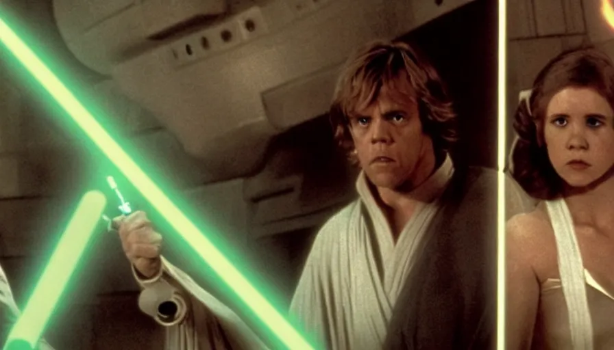 Prompt: screenshot portrait of Luke Skywalker and Princess Leia, with the lightsabers ignited, facing off against an incredibly haunting female sith lord in white, on a planet of maelstrom, chaos, the world of darkness, 1970s thriller film by Stanley Kubrick, iconic scene, HR Geiger design, stunning cinematography, hyper-detailed, sharp, anamorphic lenses, kodak color stock, 4k, stunning