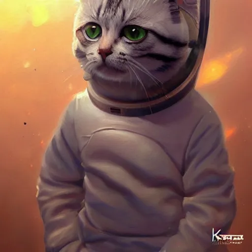 Image similar to head and shoulders masterpiece portrait of a cute adorable cat wearing a spacesuit, surreal background, digital art by krenz cushart, trending on artstation, cgsociety,