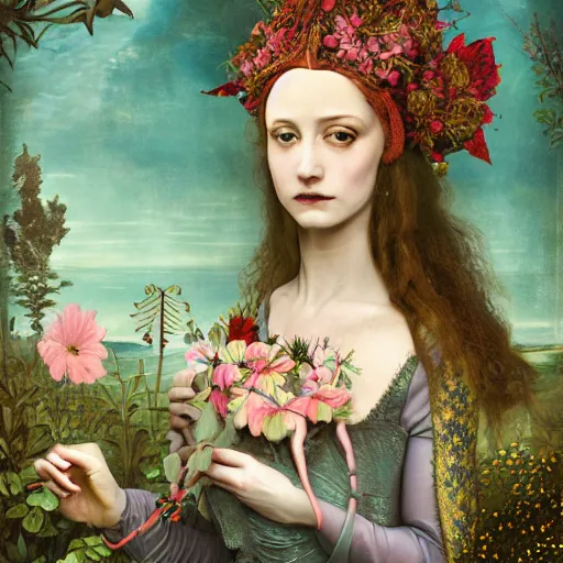 Image similar to a detailed portrait of young woman in renaissance dress and a surreal renaissance headdress, very surreal garden, cyberpunk, surreal tea party, strange creatures, by christian schloe and botticelli, naotto hattori, amy sol, roger dean, moody colors