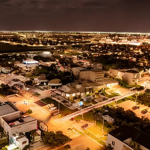 Prompt: an overview from 500 feet in the air of a small coastal Florida town at night, a still from an anime movie, clouds in the sky, downtown in the distance