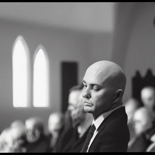 Image similar to 3 5 mm photograph of a bald donald trump praying at church on sunday