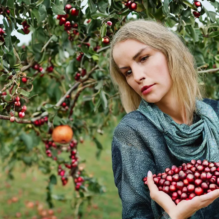 Prompt: a closeup portrait of a woman wearing twisted knotted iridescent ribbon, picking pomegranates from a tree in an orchard, foggy, moody, photograph, by vincent desiderio, canon eos c 3 0 0, ƒ 1. 8, 3 5 mm, 8 k, medium - format print