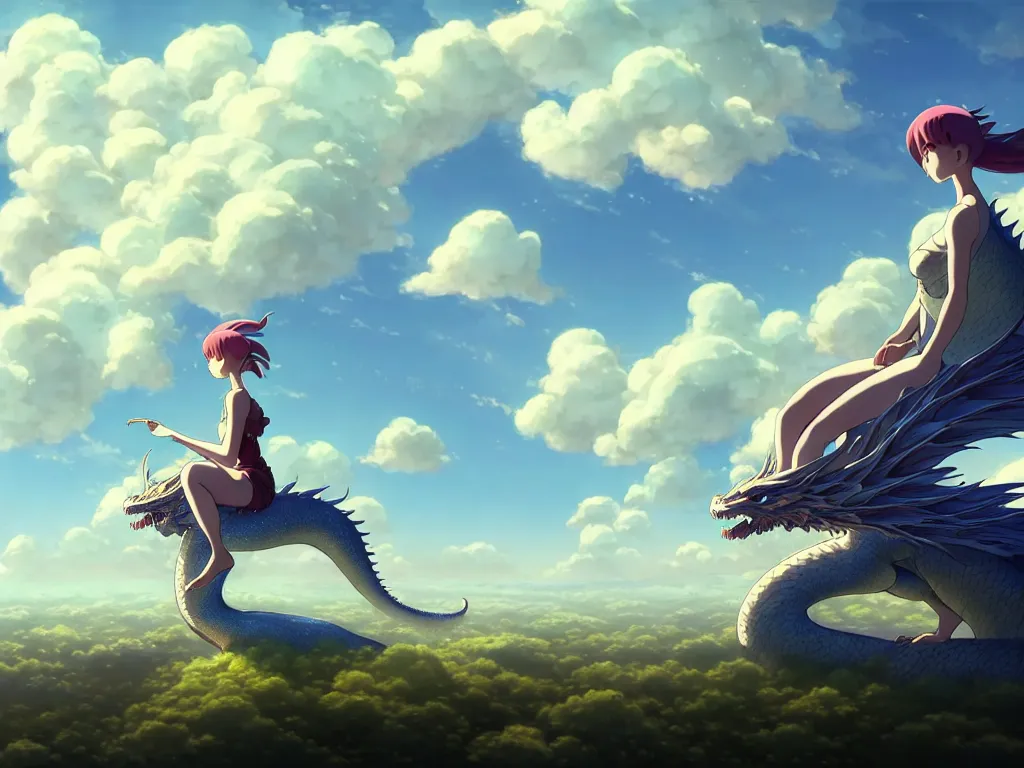 Image similar to a vast scene, panorama distant view, hyper detailed scene render of a beautiful girl sit on a huge silver dragon back, in the white clouds fairyland, animation portrait concept art, style of makoto shinkai, xision, james jean and peter mohrbacher, studio ghibli, artgerm, karol bak, beeple, 4 k hd, animation style