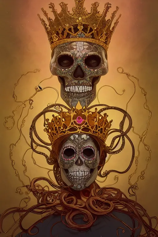 Image similar to sugar skull, a golden crown floating above his head, tentacles coming out the ground art by Artgerm and Greg Rutkowski and Alphonse Mucha and Craig Mullins and James Jean and Andrei Riabovitchev and Marc Simonetti and peter mohrbacher, sharp focus, ominous, cosmic horror, trending on artstation, Ultra detailed, hyper realistic 4k