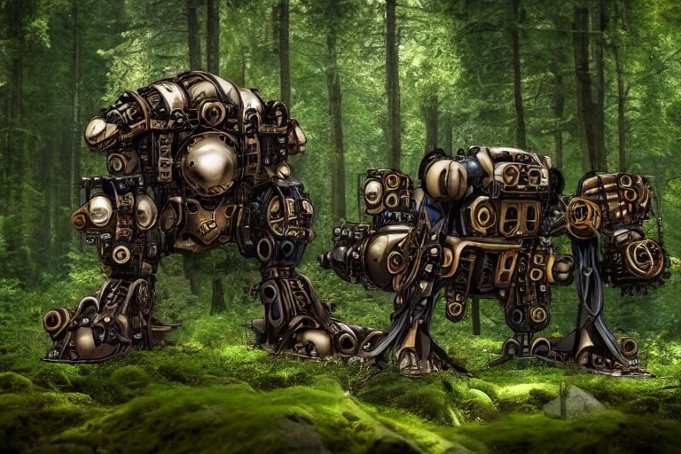 Image similar to steampunk colossal mech robot travels across a swedish forest very low angle photograph trending on artstation