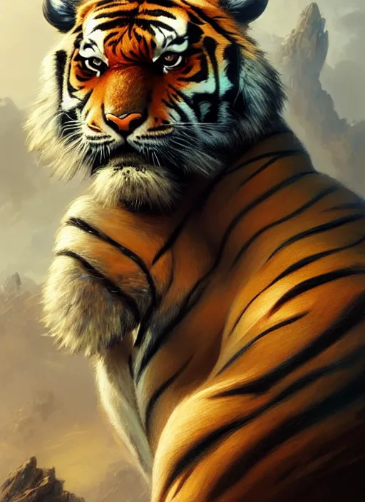 Prompt: portrait of tiger, d & d, muscular! fantasy, armour, intricate, elegant, highly detailed, digital painting, artstation, concept art, smooth, sharp focus, illustration, art by artgerm and greg rutkowski and alphonse mucha