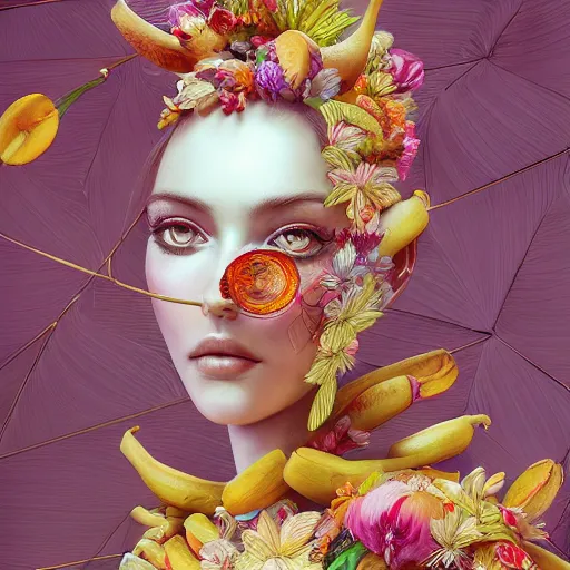 Image similar to the portrait of an absurdly beautiful, graceful, elegant woman made of bananas and petals, an ultrafine detailed illustration by kim jung gi, irakli nadar, intricate linework, bright colors, final fantasy, behance contest winner, angular, unreal engine 5 highly rendered, global illumination, radiant light, detailed and intricate environment